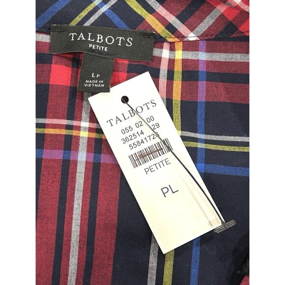 Talbots Split Neck Tunic Top Womens Size L Petite PL Cabin Plaid Blue & Red - Picture 6 of 7